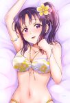  1girl bikini birthday blush bracelet breasts ckst cleavage commentary eyebrows_visible_through_hair flower hair_flower hair_ornament highres jewelry kazuno_sarah large_breasts long_hair looking_at_viewer love_live! love_live!_sunshine!! midriff navel purple_eyes purple_hair side_ponytail smile solo swimsuit upper_body 