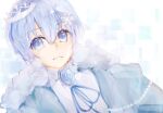  1boy blue_eyes blue_hair blue_jacket blue_ribbon crown eyebrows_visible_through_hair frown fur_trim hair_ornament jacket looking_at_viewer male_focus mugo_(acacacacac_ed) neo-porte portrait ribbon shirayuki_reid shirt snowflake_hair_ornament solo virtual_youtuber white_shirt 