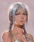  1girl bangs bare_shoulders braid closed_mouth collarbone eggpongg eyelashes grey_hair hair_over_shoulder highres korean_commentary lips long_hair looking_afar original portrait red_eyes red_lips simple_background sketch sleeveless solo twin_braids twintails 