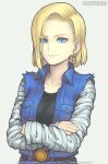  1girl android_18 artist_name belt black_shirt blonde_hair blue_eyes closed_mouth collarbone commentary crossed_arms denim denim_jacket dragon_ball dragon_ball_z earrings english_commentary english_text gofelem grey_background jacket jeans jewelry looking_at_viewer mixed-language_commentary pants patreon_username shirt simple_background smile solo striped_sleeves twitter_username upper_body watermark web_address 