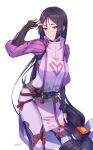  1girl absurdres armor bangs black_gloves bodysuit breasts elbow_gloves fate/grand_order fate_(series) fingerless_gloves gloves highres japanese_armor kote large_breasts long_hair looking_at_viewer minamoto_no_raikou_(fate) parted_bangs pelvic_curtain purple_bodysuit purple_eyes purple_hair ribbed_sleeves rope sawarineko smile solo tabard tassel very_long_hair white_background 