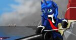  2015 accessory blue_body blue_hair building cannon clothed clothed_feral clothing equid equine female feral friendship_is_magic frilly frilly_accessory hair hi_res holding_object holding_sword holding_weapon hooves horn inspired_by_formal_art jacket mammal map melee_weapon mountain my_little_pony outside princess_luna_(mlp) ranged_weapon rock sash sea seaside ship sitting solo sword teal_eyes topwear tsaritsaluna vehicle water watercraft watermark weapon winged_unicorn wings 