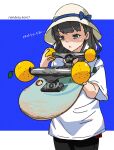  1girl absurdres bangs black_hair black_pants commentary_request cowboy_shot eyebrows_visible_through_hair food foreshortening fruit goumonsha grey_eyes hat highres long_hair mandarin_orange original pants shirt simple_background solo translation_request white_shirt 