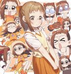  &gt;_&lt; 1girl :d absurdres blush bow brown_background brown_eyes brown_hair chibi closed_eyes closed_mouth collared_shirt commentary dress dress_shirt fujiwara_hazuki glasses gym_shirt hair_bow headband highres multiple_views ojamajo_doremi opaque_glasses orange_bow orange_dress orange_headwear orange_skirt outline pleated_skirt ponytail profile puffy_short_sleeves puffy_sleeves red_headband round_eyewear school_uniform shirt short_sleeves skirt smile sweater_vest two-tone_background wavy_mouth white_background white_outline white_shirt yukie_(kusaka_shi) 