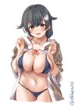  1girl bikini black_hair blue_bikini blush breasts cleavage cleavage_cutout clothing_cutout collarbone cowboy_shot ebifurya hair_flaps hair_ornament hairclip highres jingei_(kancolle) kantai_collection large_breasts long_hair looking_at_viewer low_ponytail navel red_eyes smile solo stomach swimsuit twitter_username whale_hair_ornament white_background 