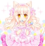  1girl animal_ears apron bangs bare_shoulders blonde_hair blush bow breasts brown_eyes cat_ears cat_girl cat_tail closed_mouth commentary detached_sleeves eyebrows_visible_through_hair food frilled_apron frilled_skirt frills hair_bow hands_up highres holding holding_food looking_at_viewer macaron original pink_bow pink_skirt puffy_short_sleeves puffy_sleeves shikito shirt short_sleeves skirt small_breasts solo sparkle tail two_side_up waist_apron white_apron white_background white_shirt white_sleeves wrist_cuffs 