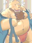  2022 3:4 anthro asian_clothing belly big_belly blush clothed clothing dain_4201 east_asian_clothing fundoshi hi_res humanoid_hands japanese_clothing kemono male mammal moobs navel nipples open_clothing open_robe overweight overweight_male red_clothing red_fundoshi red_underwear robe scar solo underwear ursid 