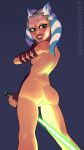 1girl ahsoka_tano alien anus anus_peek armlet ass batterbee blue_eyes blue_hair blush breasts brown_gloves brown_lips cleft_of_venus colored_skin commentary completely_nude dimple elbow_gloves energy_sword english_commentary eyeliner facial_tattoo fingerless_gloves fingernails from_behind gloves glowing glowing_weapon green_lightsaber grey_background highres holding_lightsaber kneepits lightsaber looking_back makeup medium_hair multicolored_hair nose nude orange_skin petite pussy pussy_juice reverse_grip sideboob small_breasts smile solo star_wars star_wars:_the_clone_wars sword tattoo tentacle_hair togruta turning_head two-tone_hair weapon white_hair 