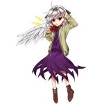  1girl ahoge bird_wings boots bow bowtie brown_footwear collared_shirt commentary_request cross-laced_footwear feathered_wings grey_hair hand_in_own_hair harukawa_moe_(style) highres keiki8296 kishin_sagume light_brown_jacket long_sleeves open_mouth purple_shirt purple_skirt red_bow red_bowtie red_eyes shiny shiny_hair shirt short_hair simple_background single_wing skirt solo touhou white_background wings 