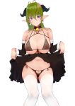  1girl absurdres antenna_hair armpit_crease ass_visible_through_thighs bangs bare_shoulders black_skirt breasts cleavage clothes_lift clothing_cutout collarbone detached_sleeves earrings eyebrows_visible_through_hair grain green_hair hair_between_eyes heart heart_cutout heart_panties heart_print highres horns jewelry large_breasts lifted_by_self long_hair looking_at_viewer navel nipples original panties parted_lips pointy_ears print_panties purple_eyes see-through skirt skirt_lift smile solo standing string_bra string_panties thighhighs thighs underwear white_background white_legwear 