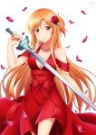 1girl alternate_costume asuna_(sao) asymmetrical_bangs bangs braid breasts brown_eyes brown_hair cleavage closed_mouth dress falling_petals flower french_braid hair_flower hair_ornament highres holding holding_sword holding_weapon jewelry ken-ji long_dress looking_at_viewer necklace pearl_necklace petals rapier red_dress red_flower red_rose rose short_ponytail smile solo sword sword_art_online twitter_username weapon white_background 