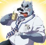  2022 anthro belly blue_body blush canid canine canis clothing domestic_dog emufu facial_hair hi_res humanoid_hands kemono male mammal mug mustache necktie overweight overweight_male shirt solo tongue tongue_out topwear 