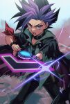  1boy arm_scarf black_hair choker cloak duel_disk furrowed_brow male_focus mikami_(mkm0v0) multicolored_hair necktie open_mouth pants purple_eyes purple_hair solo twitter_username two-tone_hair yu-gi-oh! yu-gi-oh!_arc-v yuuto_(yu-gi-oh!) 