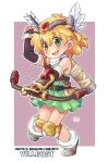  1girl arrow_(projectile) bangs blonde_hair boots border bow_(weapon) brown_gloves character_request circlet copyright_request dress elbow_gloves fingerless_gloves full_body gloves green_dress green_eyes holding holding_arrow holding_bow_(weapon) holding_weapon looking_at_viewer mawaru_(mawaru) purple_background quiver solo weapon white_border 