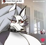  anthro breasts canid canid_demon canine canis collar cover_them_up_slut demon digital_media_(artwork) ear_piercing ear_ring female fur grey_body grey_fur hair hellhound helluva_boss looking_at_viewer loona_(helluva_boss) mammal meme piercing red_sclera solo text thirstydraws tiktok white_body white_fur wolf 