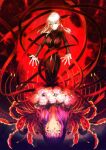  2girls absurdres blood blood_on_face breasts closed_eyes coma2 dark_persona dark_sakura fate/stay_night fate_(series) flower hair_between_eyes heaven&#039;s_feel highres large_breasts long_hair looking_at_viewer matou_sakura multiple_girls outstretched_arms purple_eyes red_eyes red_ribbon ribbon smile white_hair 