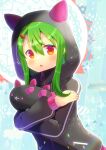  1girl :o bangs black_jacket blush commentary_request commission copyright_request eyebrows_visible_through_hair fake_horns green_hair hair_between_eyes hood hood_up hooded_jacket horned_hood horns jacket kou_hiyoyo long_hair long_sleeves looking_at_viewer parted_lips puffy_long_sleeves puffy_sleeves red_eyes sidelocks skeb_commission sleeves_past_wrists solo upper_body 