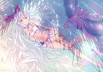  1girl alternate_costume beach bikini cameltoe choker flat_chest flower full_body granblue_fantasy hair_flower hair_ornament long_hair looking_at_viewer lying medusa_(shingeki_no_bahamut) navel official_alternate_costume on_back open_mouth pointy_ears sandals solo swimsuit very_long_hair water white_bikini white_hair yellow_eyes yellowpaint. 