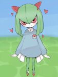  &lt;3 2_horns 3:4 arms_by_side blue_clothing blue_shirt blue_topwear blush bottomwear closed_smile clothing cute_expression female footwear front_view green_body green_hair hair happy horn humanoid japanese_text kirlia looking_at_viewer nintendo on_model outside pok&eacute;mon pok&eacute;mon_(species) pseudo_clothing red_eyes shirt shoes simple_background sky solo standing text topwear translation_request video_games white_body white_bottomwear white_clothing yurarin_(artist) 
