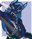  5_fingers abs anthro biceps blue_eyes bottomwear braided_hair clothed clothing colored_nails devil_horns_(gesture) digital_media_(artwork) electric_guitar fangs felid fingers fur fur_markings gesture guitar hair hi_res holding_object long_hair machairodontine male mammal markings muscular muscular_anthro muscular_male musical_instrument nails narrowed_eyes nipples open_mouth pecs piercing playing_guitar playing_music plucked_string_instrument sabertooth_(anatomy) simple_background smile solo standing string_instrument teeth topless umireomi white_body white_fur 