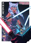  2022 ahsoka_tano alien alien_humanoid armor blue_eyes breasts clothed clothing darth_maul dual_wielding eyelashes female female_focus handwear holding_object holding_weapon humanoid japanese_text lekku_(anatomy) lightsaber looking_at_viewer melee_weapon mikeluckas not_furry orange_body orange_skin smile star_wars text togruta weapon 