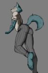  anthro beastars big_butt butt canid canine canis clothed clothing digital_media_(artwork) fur grey_body grey_fur hi_res huge_butt legoshi_(beastars) male mammal simple_background solo thick_thighs wide_hips wolf 