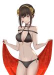  1girl adapted_costume bikini black_bikini black_hair blood blood_on_face breasts closed_mouth earrings floral_print flower gold_hairband hair_flower hair_ornament highres holding_sarong jewelry large_breasts looking_at_viewer navel red_eyes rose rose_print sakki11 short_hair_with_long_locks sidelocks simple_background single_earring smile solo spikes spy_x_family stomach swimsuit white_background yor_briar 