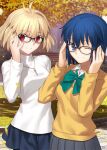  2girls adjusting_eyewear arcueid_brunestud artist_request autumn autumn_leaves blonde_hair blue_eyes blue_hair ciel_(tsukihime) glasses green_ribbon hand_on_eyewear multiple_girls red_eyes ribbon short_hair skirt smile source_request sweater tsukihime turtleneck yellow_sweater 