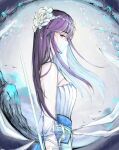  1girl bare_tree bird dress flower hair_flower hair_ornament heng_gao_lengbie_fan_wo highres hole long_hair purple_hair qin_shi_ming_yue reverse_grip sash shao_siming_(qin_shi_ming_yue) solo sword tree veil weapon white_dress white_sky 