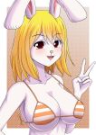  2021 alternate_version_at_source animal_humanoid anthro big_breasts bikini bikini_top blonde_hair blush blush_stickers border bra breasts bryaxrt buckteeth bust_portrait carrot_(one_piece) cleavage cleavage_overflow clothed clothing dotted_background female floppy_ears fur gesture gradient_background hair humanoid lagomorph lagomorph_humanoid leporid leporid_humanoid looking_at_viewer mammal mammal_humanoid minkmen_(one_piece) monotone_body one_piece open_mouth open_smile pattern_background portrait pose rabbit rabbit_humanoid red_eyes shoulder_length_hair signature simple_background smile solo string_bikini swimwear teeth underwear v_sign white_body white_border white_fur 