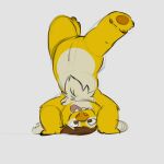  1:1 2022 3_toes alien brown_eyes brown_hair brown_pawpads chest_tuft colored_sketch digital_drawing_(artwork) digital_media_(artwork) disney experiment_(lilo_and_stitch) fan_character feet fur hair handstand knaveofclubs lilo_and_stitch looking_at_viewer male notched_ear orange_nose pawpads sharp_teeth silly simple_background sketch solo stitchils teeth teeth_showing toes tongue tongue_out tuft upside_down white_background yellow_body yellow_fur 