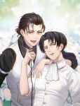  2boys arm_strap ascot bdsm black_hair black_shirt blurry blurry_background collar collared_shirt ear_piercing earrings eren_yeager fh_moya green_eyes grey_eyes hair_bun highres jewelry leash levi_(shingeki_no_kyojin) looking_at_viewer messy_hair multiple_boys multiple_piercings parted_lips piercing ring shingeki_no_kyojin shirt short_hair sleeves_rolled_up teeth tongue tongue_out tongue_piercing upper_body upper_teeth very_short_hair vest wedding_ring white_ascot white_shirt white_vest yaoi 