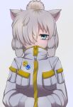  1girl alpaca_ears alpaca_girl alpaca_suri_(kemono_friends) alternate_costume animal_ears blue_eyes blush buttons coat commentary_request eyebrows_visible_through_hair hair_bun hair_over_one_eye hair_tubes hands_in_pockets high_collar highres japari_symbol kemono_friends long_sleeves looking_at_viewer short_hair solo tsuchinokonoko white_coat 