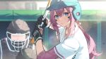  1boy 1girl alternate_costume alternate_hairstyle aqua_headwear baseball_bat baseball_helmet baseball_uniform black_gloves commentary_request copyright_name gloves hair_between_eyes hakui_koyori helmet highres holding holding_baseball_bat hololive long_hair low_ponytail open_mouth pink_eyes pink_hair shadow shirt solo_focus sportswear tsukino_(nakajimaseiki) upper_body v-shaped_eyebrows virtual_youtuber white_shirt 