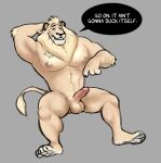  absurd_res anthro balls big_balls big_pecs chest_tattoo dialogue dickarmdaryl_(artist) digital_media_(artwork) erection estefan_(oc) felid fur fur_tuft genitals gesture glistening glistening_nipples grey_background half-closed_eyes hi_res leaning leaning_back lion male mammal mane muscular narrowed_eyes nipples nude pantherine pecs penis pointing pointing_at_penis simple_background sitting smile smirk solo tattoo thick_thighs tuft 