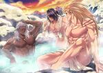  3boys abs aion_kiu artist_name bara biceps black_hair blonde_hair blush dark-skinned_male dark_skin large_pectorals long_hair looking_at_another male_focus manly mature_male mountain multiple_boys muscular muscular_male nipples nude one_eye_closed one_eye_covered onsen original outdoors pectorals scar scar_on_arm snow sparkle spiked_hair steam sunset towel towel_around_neck towel_on_legs water white_hair 