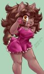 2022 anthro big_hair blasticussaturn bottomwear brown_body brown_fur canid canine clothing curled_hair dress female frilly fur hair hi_res looking_at_viewer mammal nipple_outline open_mouth pawpads poofy_hair simple_background skirt smile solo yellow_eyes 