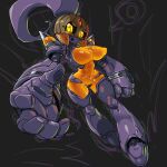  1girl :d android black_sclera breasts colored_sclera colored_skin crotch_plate large_breasts looking_at_viewer monster_girl multicolored_skin navel nipples open_mouth orange_skin original pochincoff pointy_breasts ponytail pumpkin_on_head purple_skin robot smile solo topless two-tone_skin yellow_eyes 