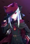  1girl alternate_costume animal_print azami_masurao bangs black_gloves cat_print closed_mouth cowboy_shot dark_background gloves hand_on_headwear hat highres len_(tsukihime) long_hair long_sleeves looking_at_viewer military military_uniform necktie peaked_cap pointy_ears red_eyes red_footwear red_necktie solo standing tsukihime uniform 