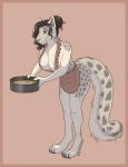  anthro apron apron_only baking big_breasts black_hair breasts chest_tuft claws cleavage clothed clothing digitigrade felid female fluffy fluffy_tail fur grey_body grey_fur hair hair_bun hi_res leaning leaning_forward mammal mostly_nude pan pantherine smile snow_leopard solo spicychaikitten spots standing tuft white_body white_fur 