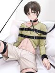  1boy abs absurdres bdsm boxers brown_hair clothes_lift collar collarbone eren_yeager fh_moya green_eyes green_shirt highres leash looking_at_viewer male_focus male_underwear navel reclining restrained shingeki_no_kyojin shirt shirt_lift short_hair solo thigh_strap thighs toned toned_male underwear very_short_hair 