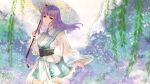  1girl asymmetrical_sleeves forest hair_ornament holding holding_umbrella leaf long_hair looking_at_viewer muqing_mq nature oil-paper_umbrella purple_hair qin_shi_ming_yue rain shao_siming_(qin_shi_ming_yue) tree umbrella vegetation white_sky 