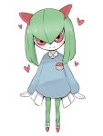  &lt;3 2_horns 3:4 arms_by_side blue_clothing blue_shirt blue_topwear blush bottomwear closed_smile clothing female footwear front_view green_body green_hair hair happy horn humanoid japanese_text kirlia looking_at_viewer nintendo on_model pok&eacute;mon pok&eacute;mon_(species) pseudo_clothing red_eyes shirt shoes simple_background solo standing text topwear translation_request video_games white_background white_body white_bottomwear white_clothing yurarin_(artist) 