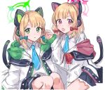  2girls animal_ear_headphones bangs blonde_hair blue_archive blue_necktie bow cat_ear_headphones cat_tail coi_uota collared_shirt green_eyes hair_bow halo headphones hood hooded_jacket jacket long_sleeves looking_at_viewer midori_(blue_archive) momoi_(blue_archive) multicolored_clothes multicolored_jacket multiple_girls necktie parted_bangs red_eyes shirt shorts siblings sisters tail thighhighs twins wide_sleeves 