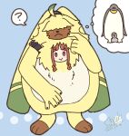  angoramon anthro avian bandai_namco bird digimon digimon_(species) digimon_ghost_game duo female fur hair hair_over_eyes human lagomorph leporid long_ears male mammal penguin ponytail_ears rabbit ruri_tsukiyono suda_8823 thinking yellow_body yellow_fur 