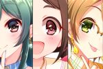  3girls :d :p blush brown_hair column_lineup earrings green_hair head_out_of_frame ic_6cha idolmaster idolmaster_cinderella_girls jewelry looking_at_viewer multiple_girls muramatsu_sakura nail_polish new_wave_(idolmaster) ohishi_izumi portrait semi-rimless_eyewear smile tongue tongue_out tsuchiya_ako 