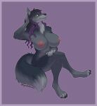  2022 4_toes 5_fingers anthro bedroom_eyes big_breasts black_hair border breasts canid canine canis claws crossed_legs cute_fangs digital_media_(artwork) digitigrade feet female fingers fluffy fluffy_tail fur grey_body grey_fur hair half-closed_eyes hand_on_head hi_res highlights_(coloring) looking_at_viewer mammal narrowed_eyes nipples nude purple_border purple_hair seductive simple_background sitting smile solo spicychaikitten toe_claws toes were werecanid werecanine werewolf wolf 