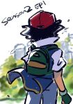  1boy amaya_uw ash_ketchum backpack bad_id bad_pixiv_id bag black_hair blurry commentary_request falling_leaves fingerless_gloves from_behind gloves green_bag green_gloves grey_pants hat highres jacket leaf male_focus pants pokemon pokemon_(anime) pokemon_(classic_anime) red_hat short_hair short_sleeves solo 