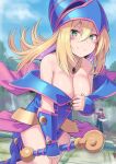  1girl bare_shoulders blonde_hair blue_headwear blush_stickers breasts cleavage closed_mouth dark_magician_girl duel_monster eyebrows_visible_through_hair green_eyes hair_between_eyes hat holding holding_staff large_breasts long_hair looking_at_viewer pentacle shiseki_hirame smile staff thighs wizard_hat yu-gi-oh! yu-gi-oh!_duel_monsters 