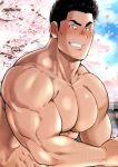  1boy abs alcohol bara biceps black_hair blush chabashira_tatsukichi cherry_blossoms closed_eyes day facial_hair hairy hanami kanji large_pectorals looking_at_viewer male_focus manly mature_male muscular muscular_male nipples original outdoors pectorals sideburns solo spiked_hair stubble teeth thick_arms thick_eyebrows topless_male upper_body 
